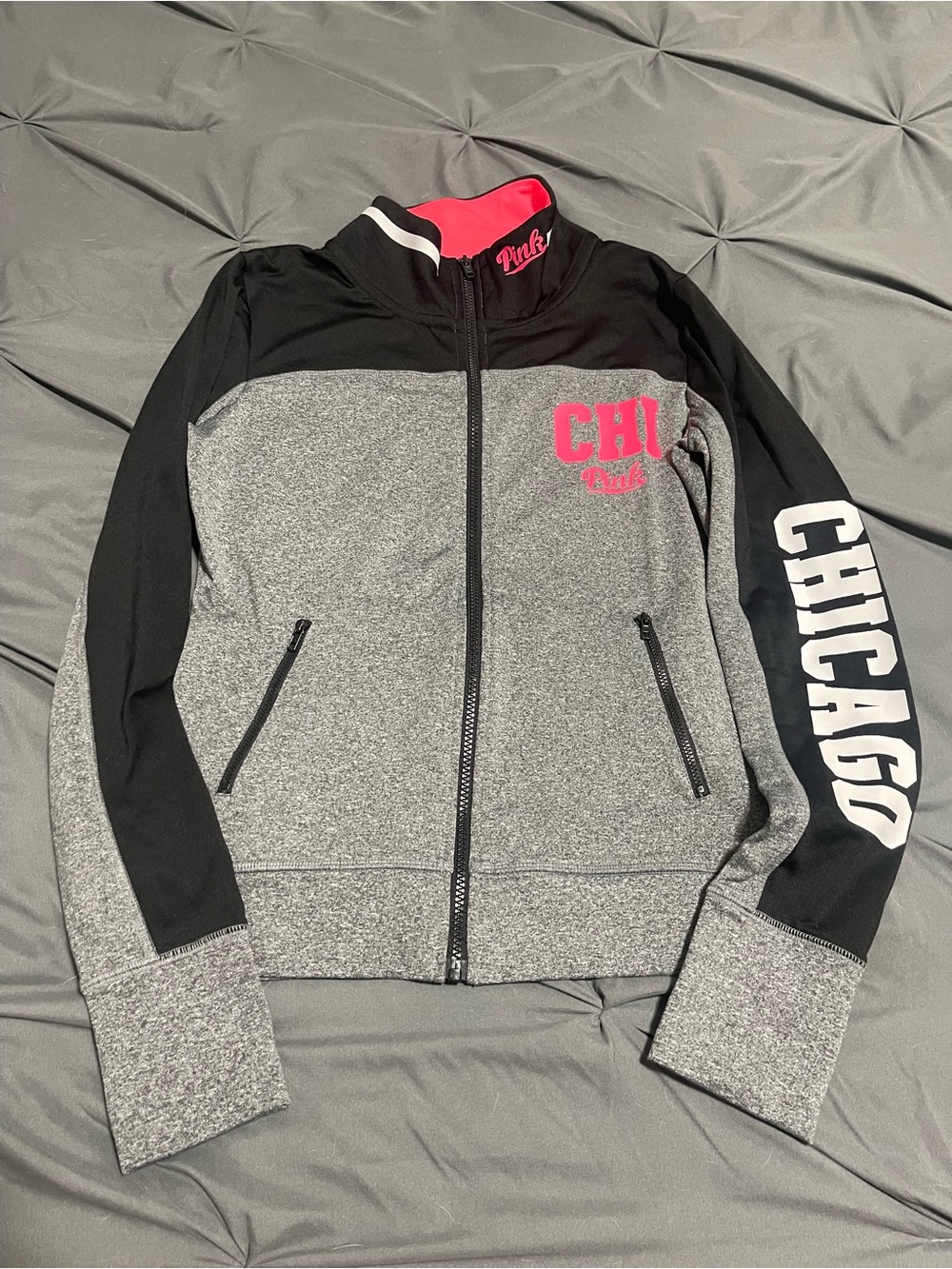 PINK Victoria's Secret Gray & Black Colorblock Bomber Jacket with Pink Logo